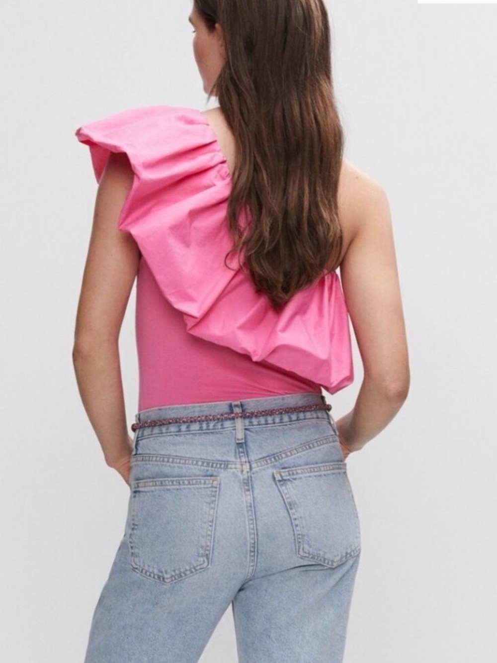 Mango One-Shoulder Pink Ruffle Bodysuit - Picture 2 of 6